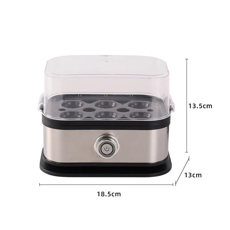 Black portable stainless steel mini egg boiler for kitchen and travel use.
