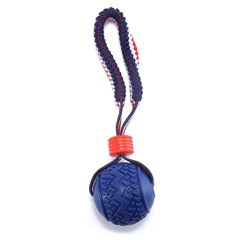 Blue dog ball with rope toy showing textured rubber surface and rope attachment for small breed dogs