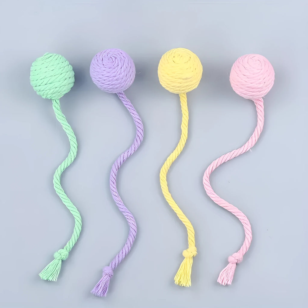 Cat toy ball with rope and bell in green, pink, purple, or yellow colour, small 3cm or medium 6cm size
