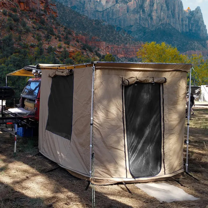 Camouflage car sunshade tent with aluminium poles set up outdoors, showing two-room interior.