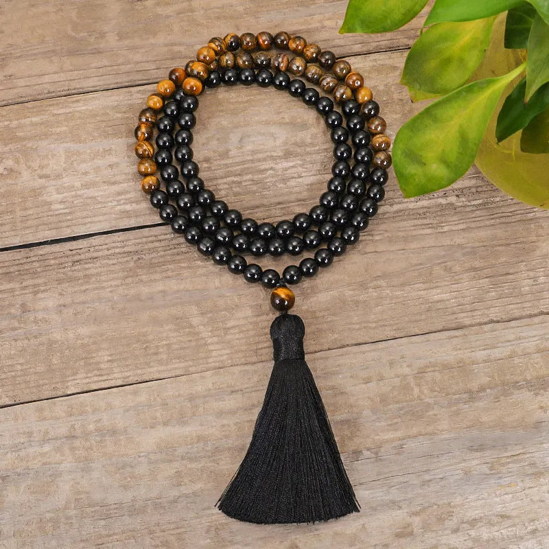 Tiger eye stone drop pendant tassel necklace chain with ball bead construction