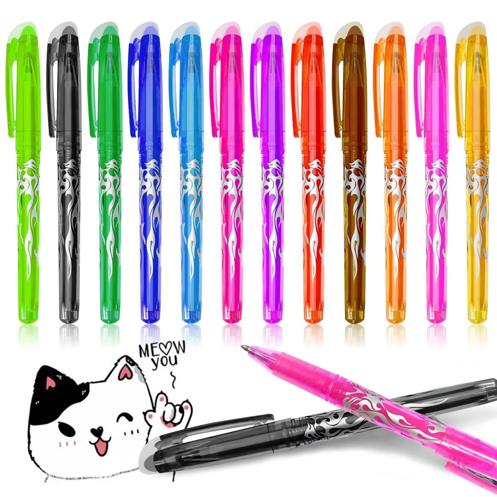 Heat-erasable gel pen with stainless steel nib in multiple colours showing 0.5mm and 0.7mm options