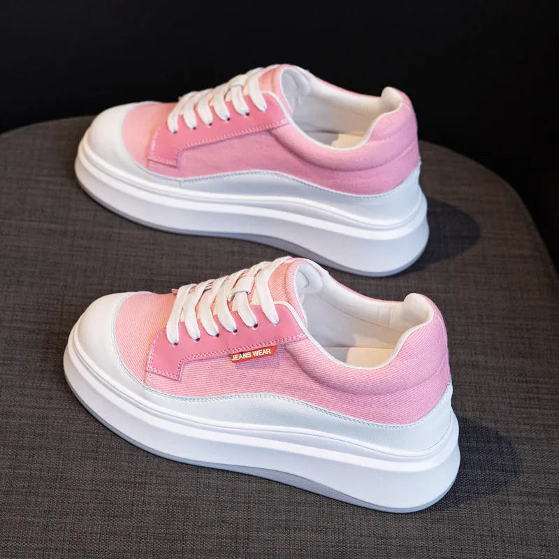 Women's beige and pink thick-soled leather casual platform board shoes.