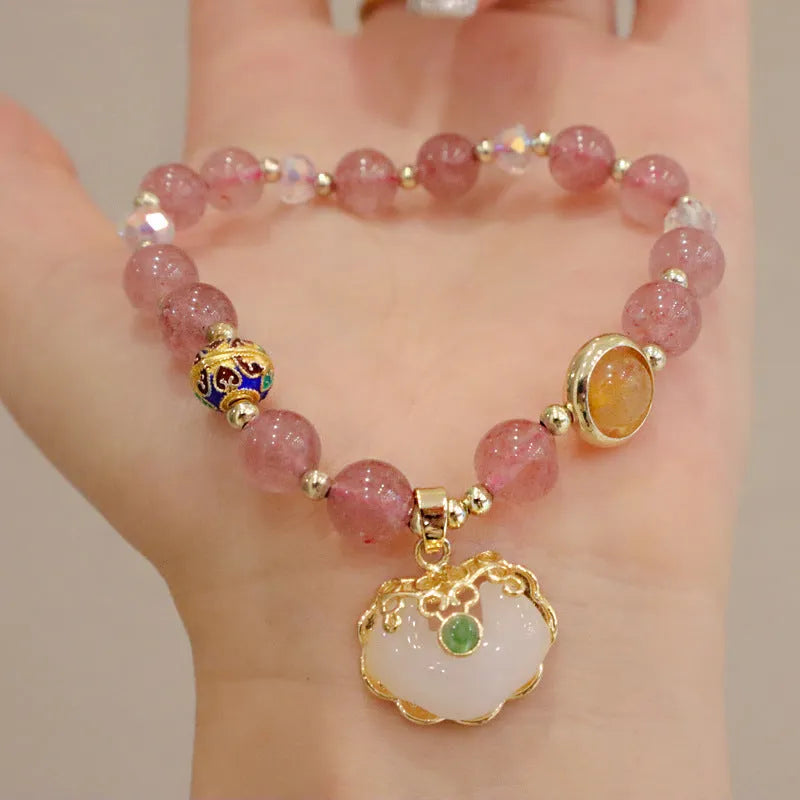 Geometric women's bracelet in gray Jade or Strawberry Quartz with three-dimensional ethnic metal decorations