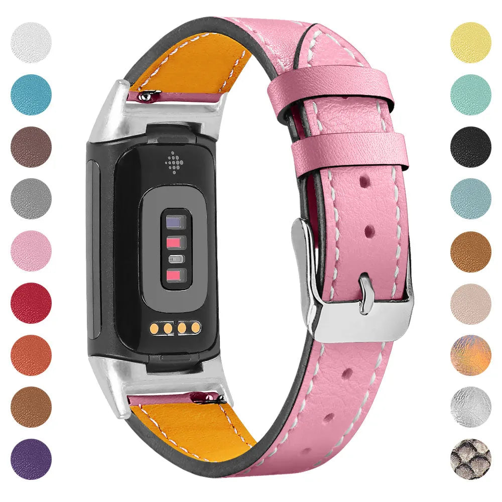Genuine brown leather watch strap for Fitbit Charge 5 and Charge 6 smartwatches.