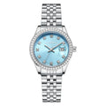 Women's silver alloy calendar watch with circular 32mm dial and stainless steel folding buckle