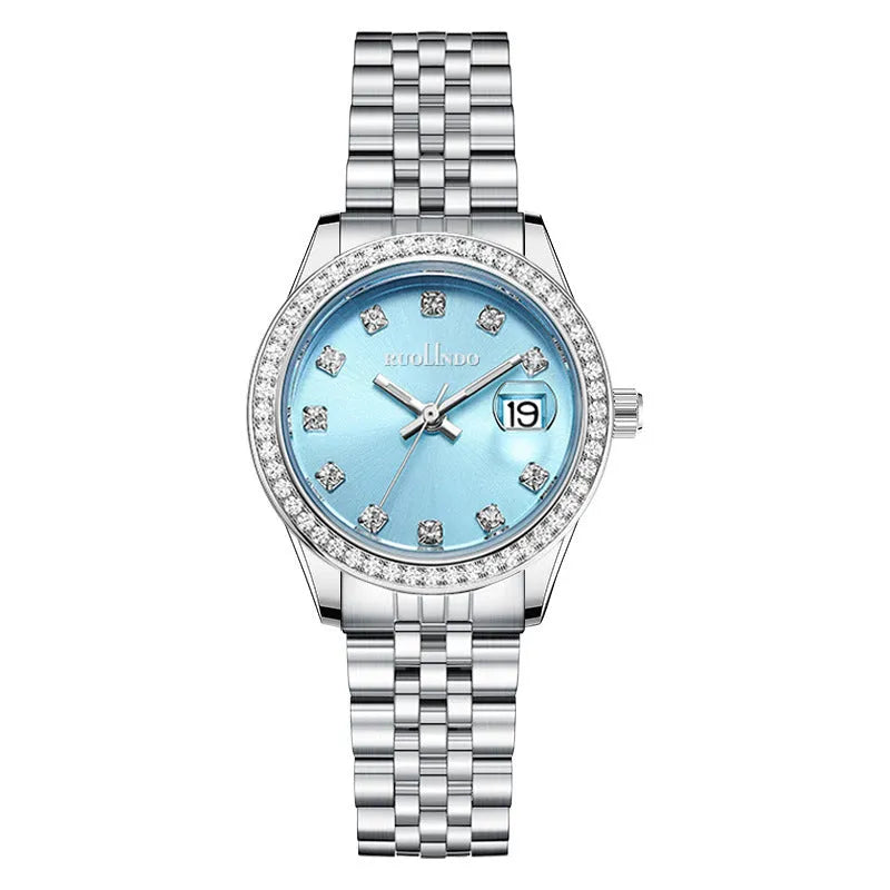 Women's silver alloy calendar watch with circular 32mm dial and stainless steel folding buckle