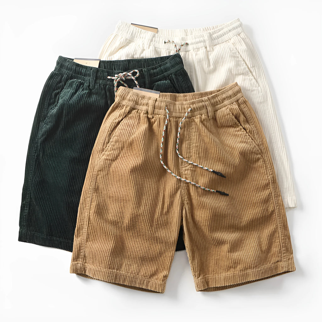 Men's khaki cargo shorts with straight leg cut and cargo pockets on thigh