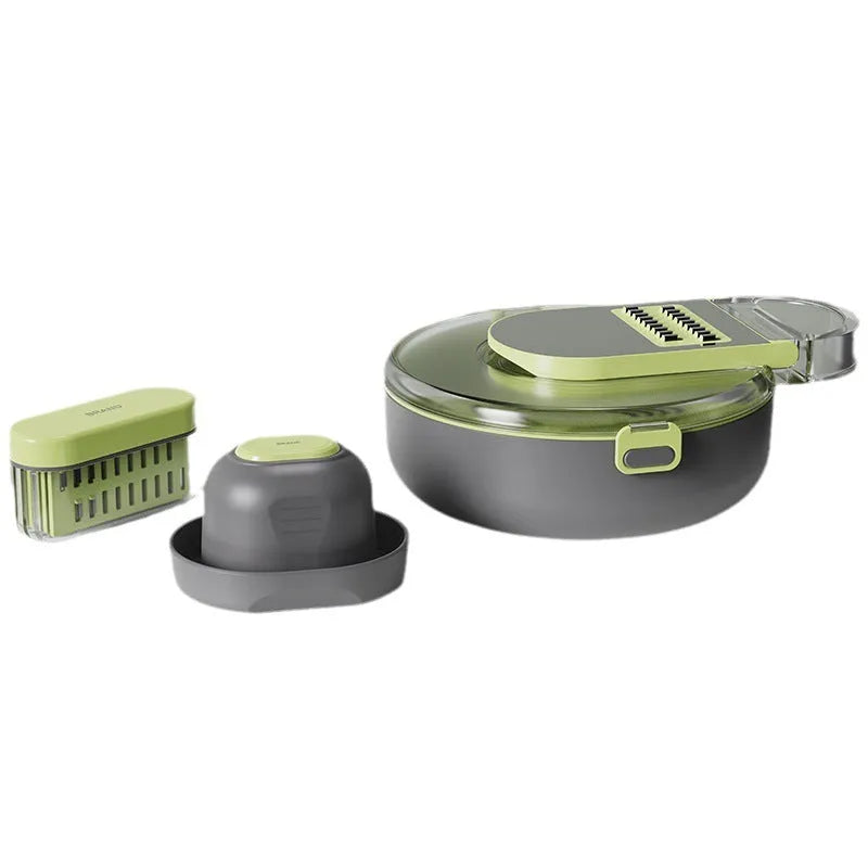 Grey and white multifunctional vegetable cutter set with stainless steel blades, eight knives, and storage accessories