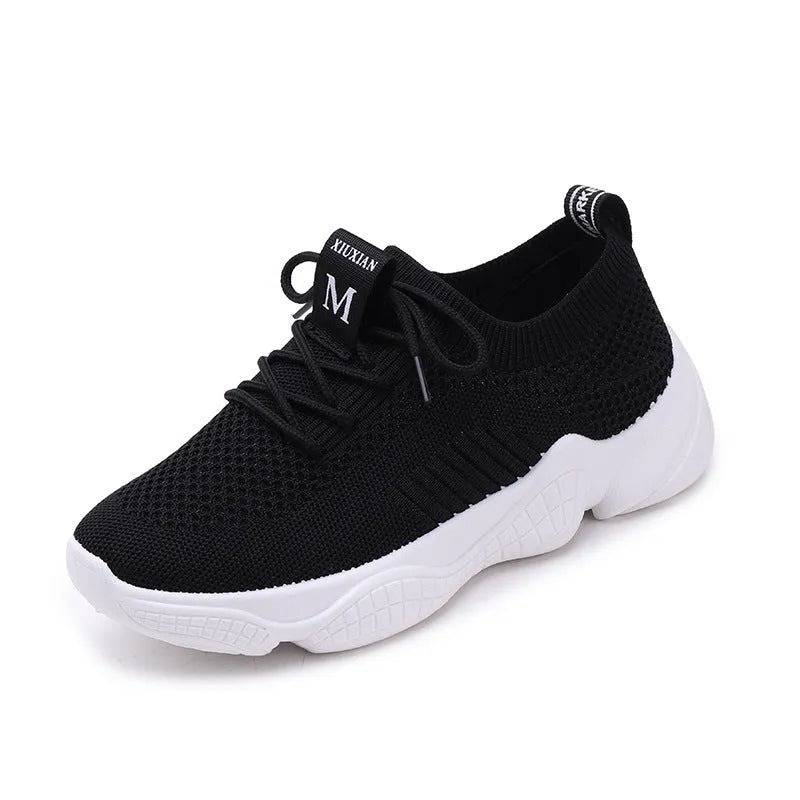 Women's white thick-soled woven sports shoes with a front strap and round toe