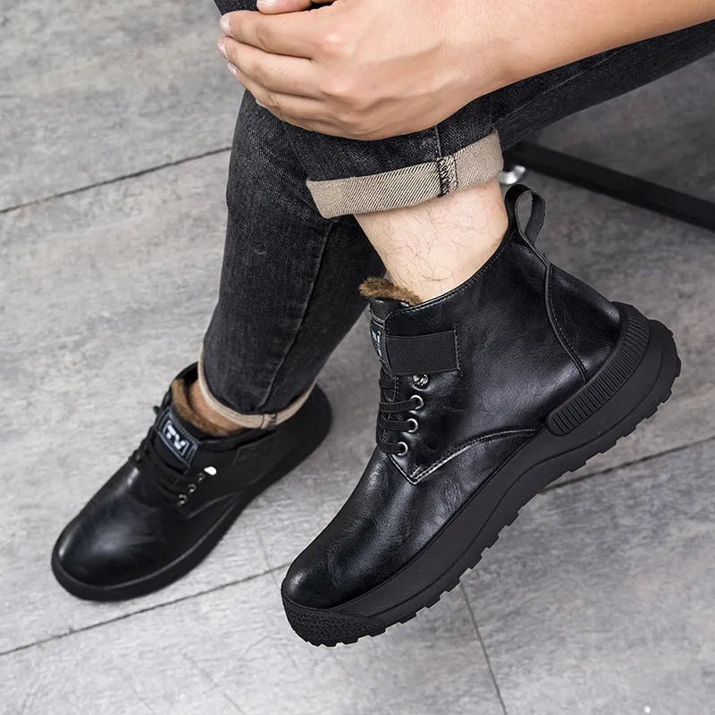 Black high-top Martin platform boots with a velvet-style upper and rubber sole.