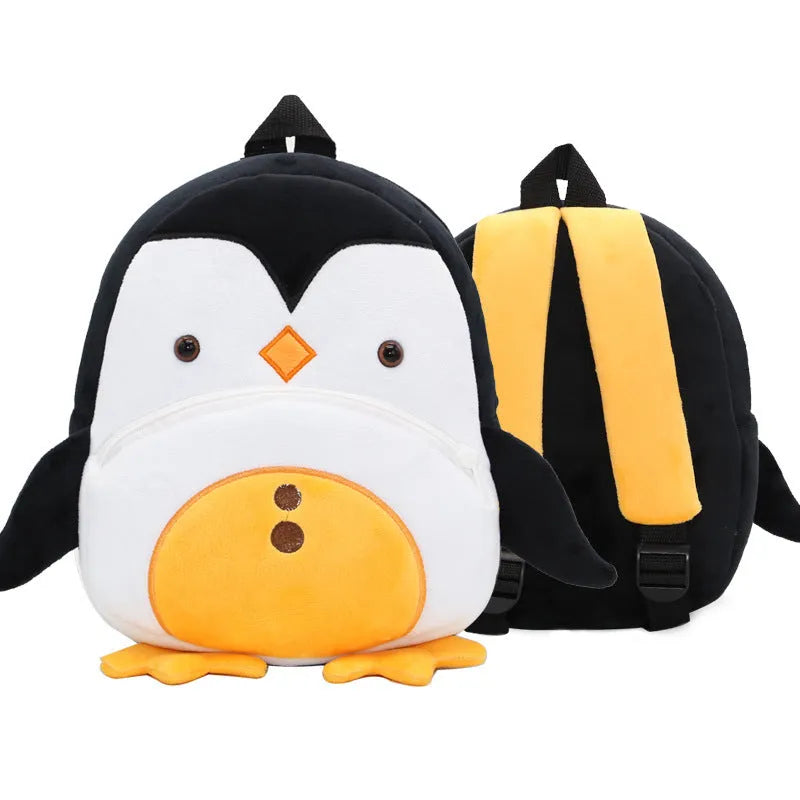 Plush children's backpack with animal design showing soft texture and zipper opening