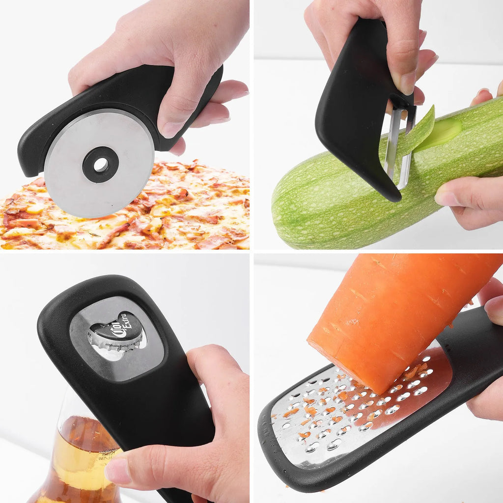 Stackable set of six kitchen utensils with PP handles and stainless steel heads, plus a cleaning brush, in a colour box