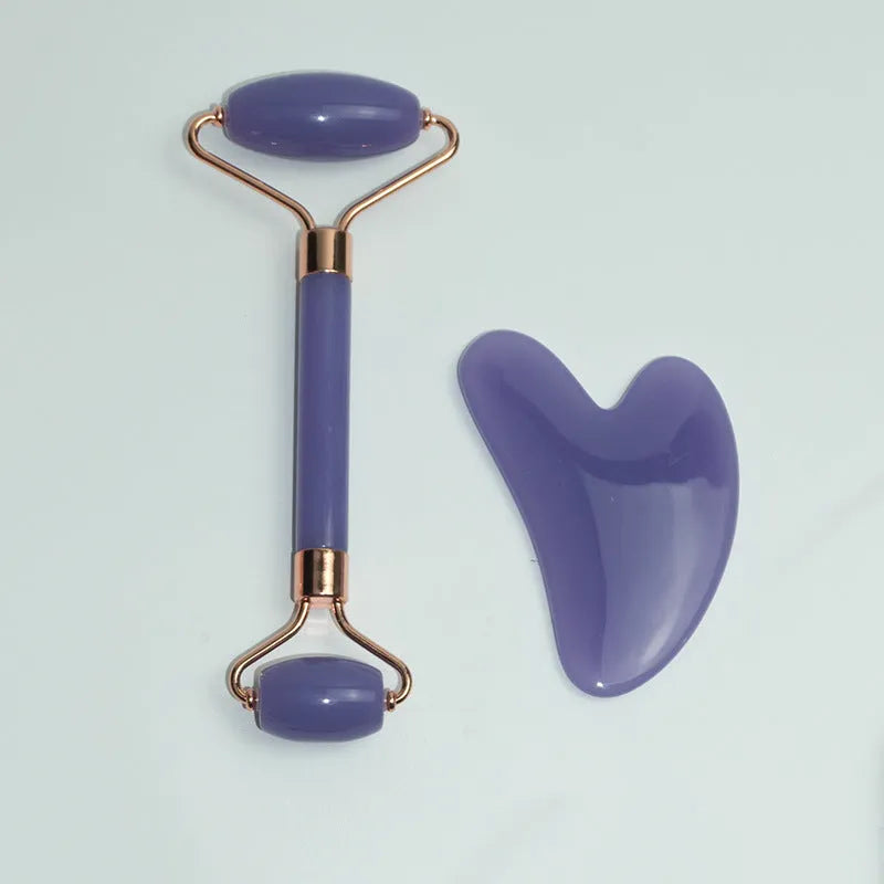 Stainless steel facial massage set with double-headed roller and heart-shaped scraping plate