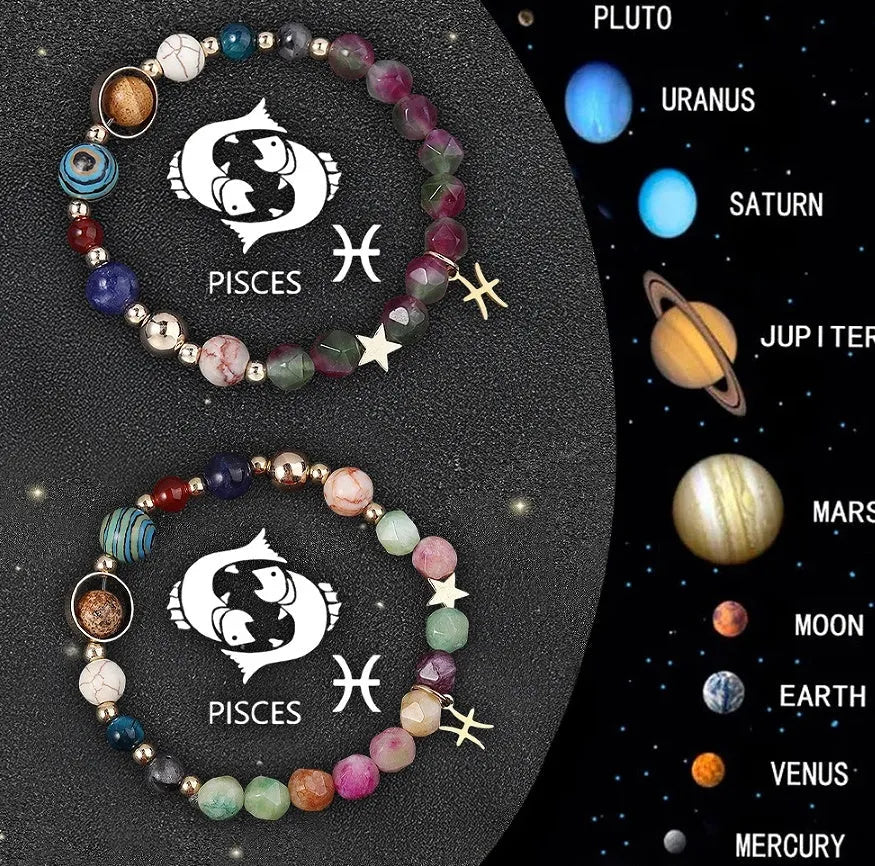 Set of two natural stone beaded bracelets for the twelve zodiac signs.