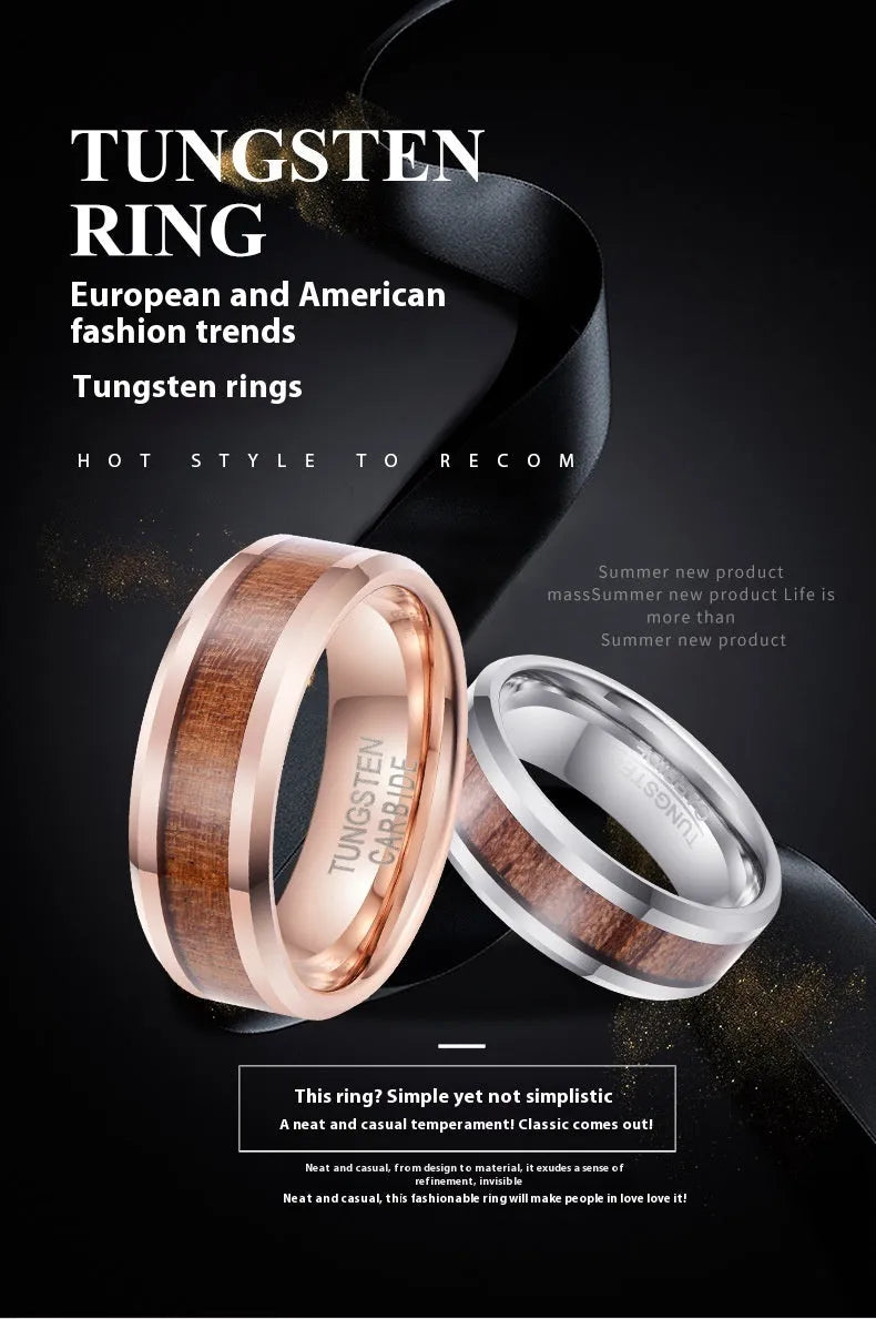 Ugyen tungsten ring showing U-shaped cross-section, 8mm wide band, in rose gold finish.