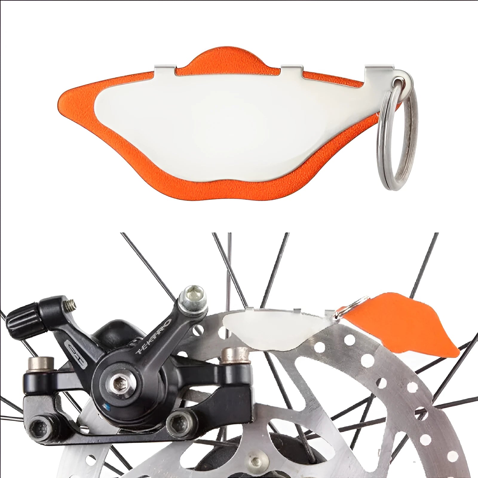 Mountain bike disc brake linings with scratch-resistant grinding disc in black and orange colours