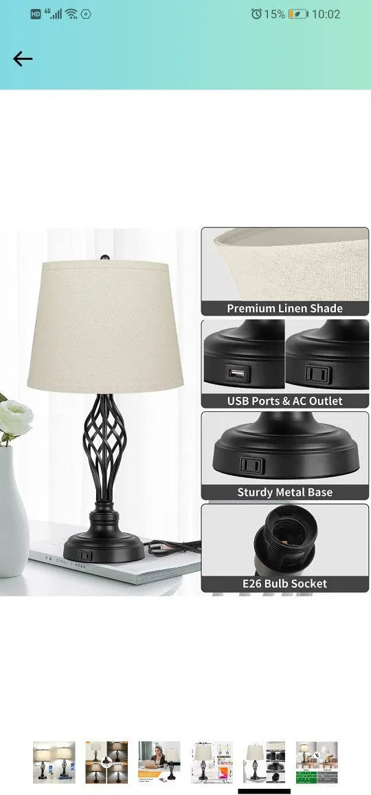 European style alloy bedside lamp with touch control and USB charging port