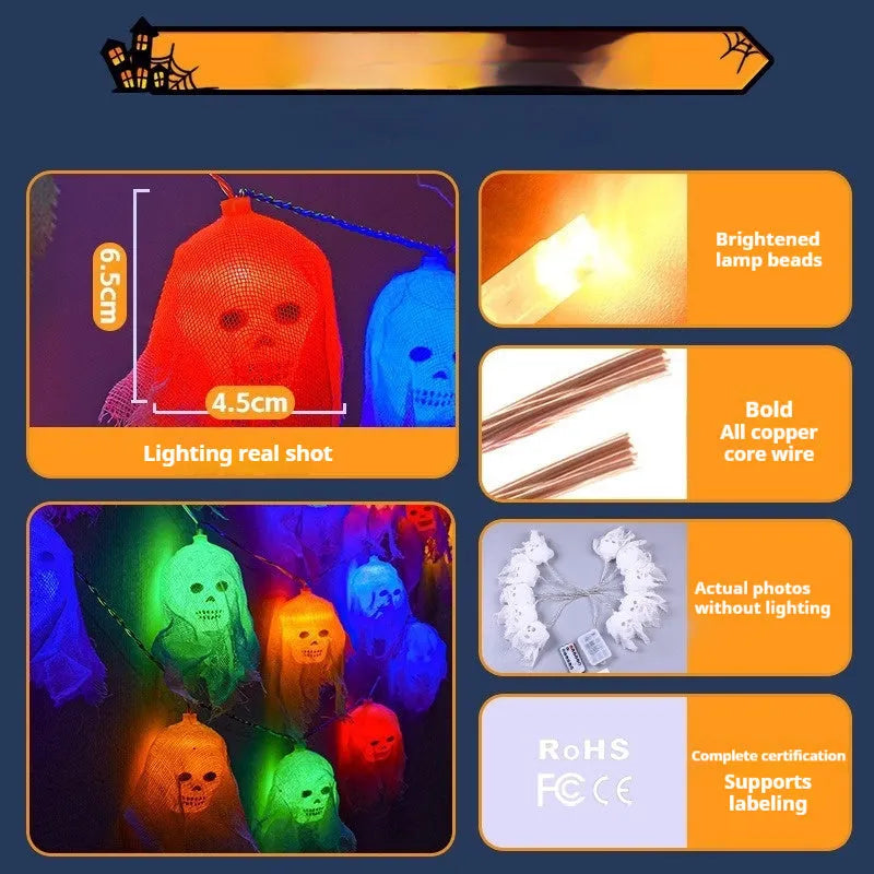 Battery-powered Halloween coloured LED string lights with plastic shell for indoor wall decoration.