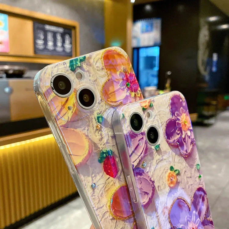 Purple and yellow mobile phone cases with oil painting flower design and diamond drop glue decoration