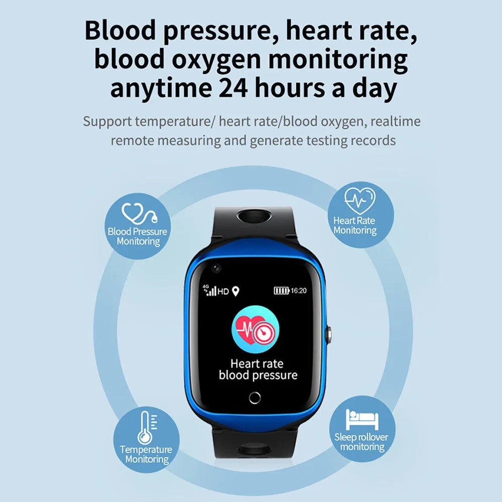 Elderly safety watch with square screen and silicone strap showing black, blue, and silver colour options