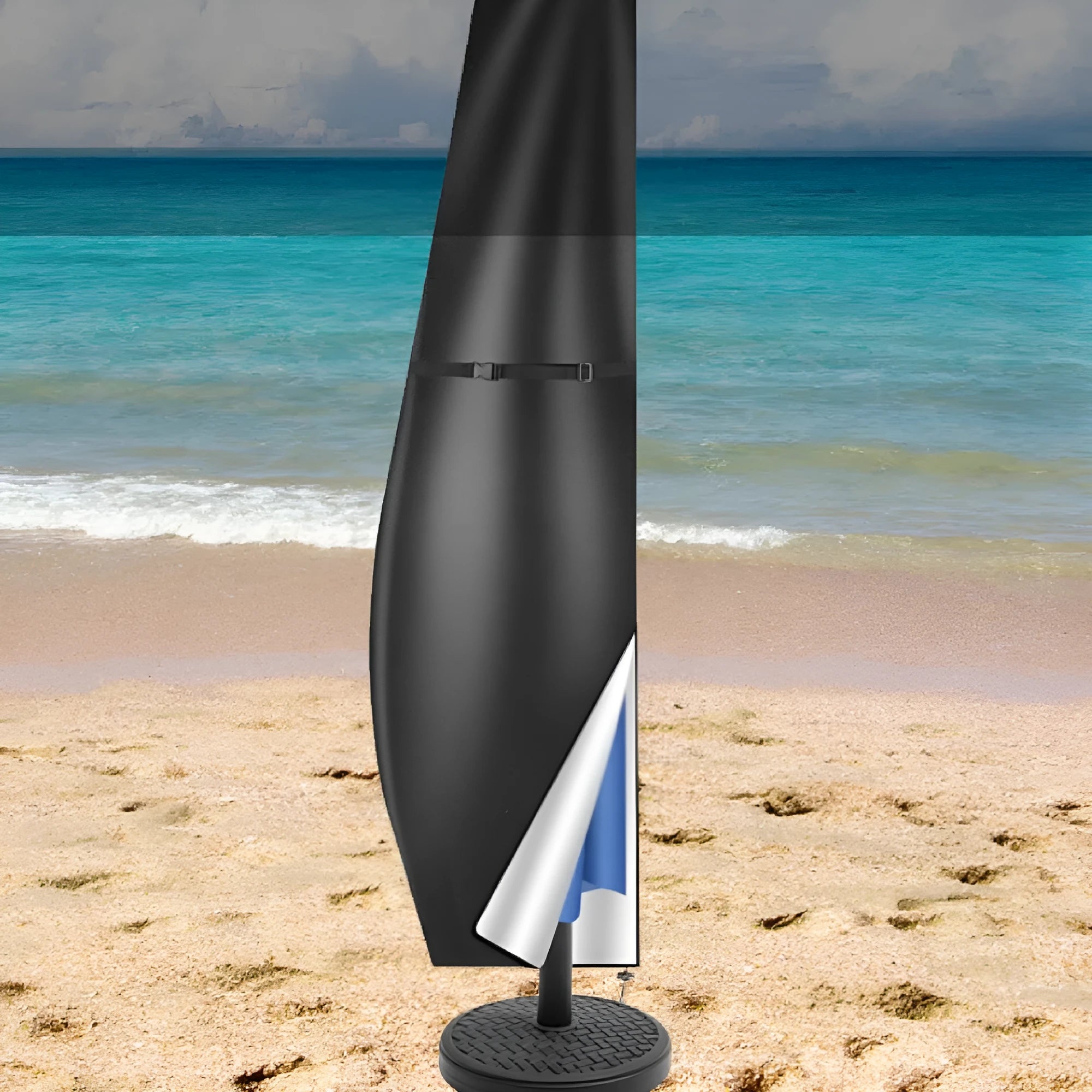 Grey waterproof Oxford cloth cover for a banana-shaped offset patio umbrella.