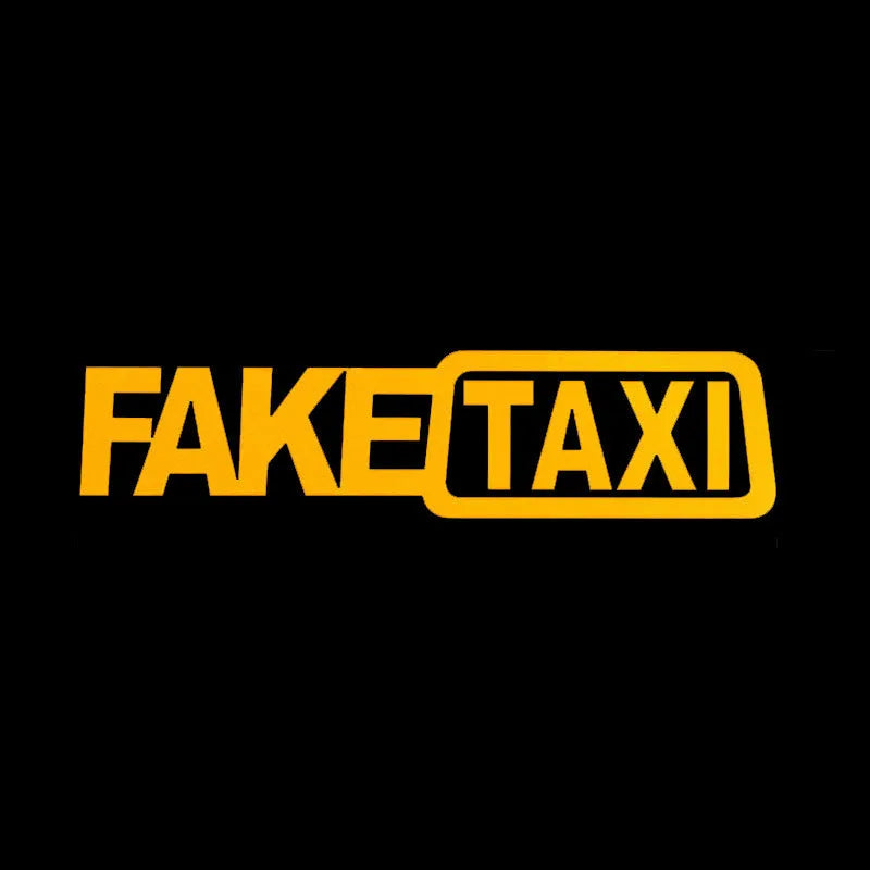 Set of three FAKE TAXI car warning stickers in yellow, black, and white, each 20cm by 8cm.