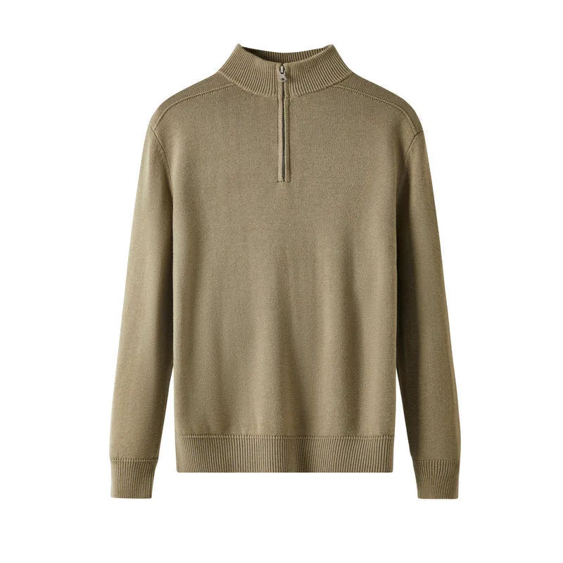 Men's slim-fit casual sweater in thickened wool, shown in a stone sand colour.