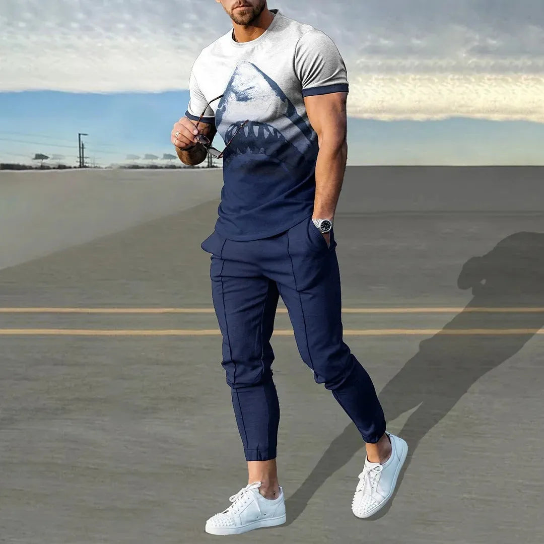 Men's short-sleeved round neck pullover and matching trousers sportswear set in polyester blend fabric