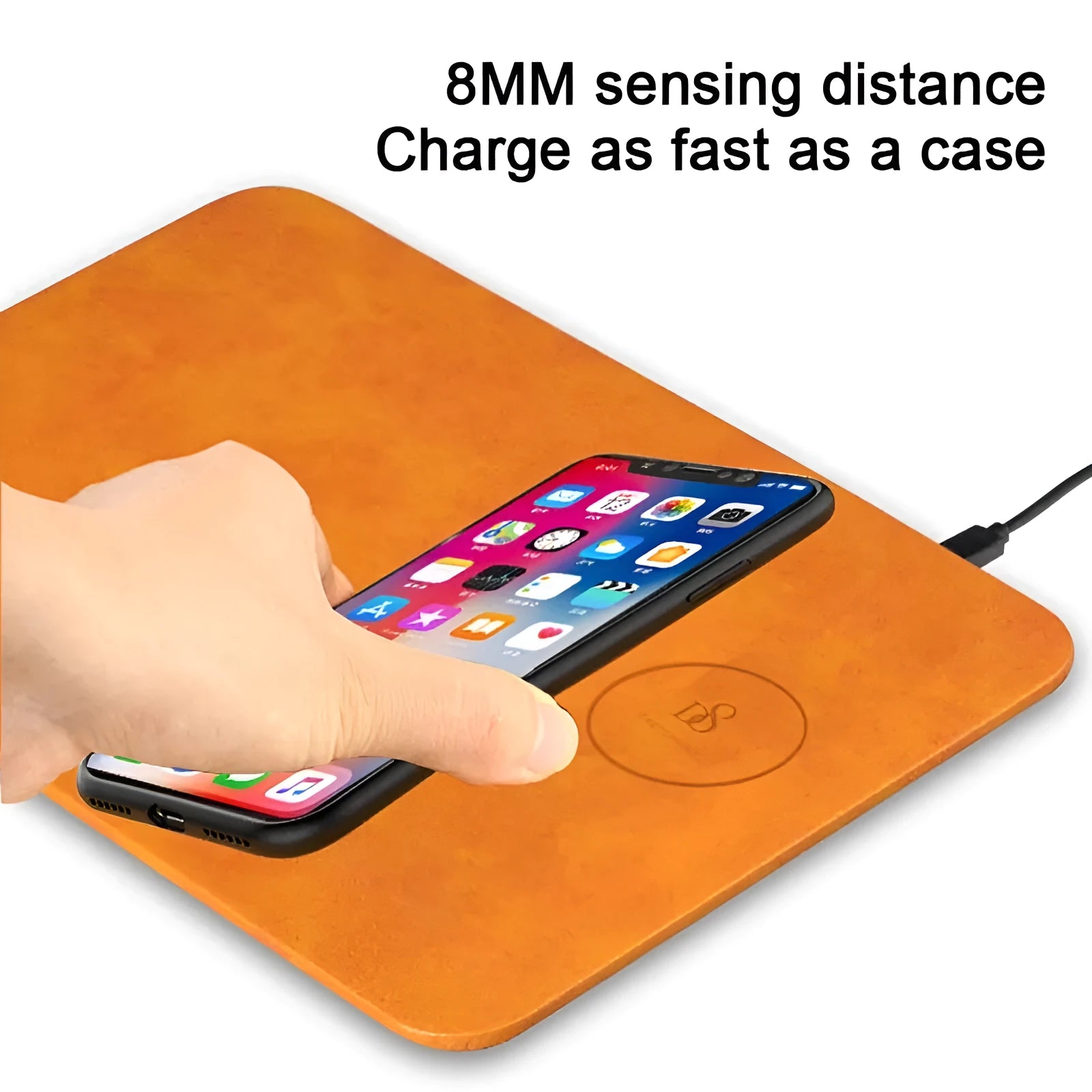 Brown leather wireless charging mouse pad with micro USB cable for desk phone charging