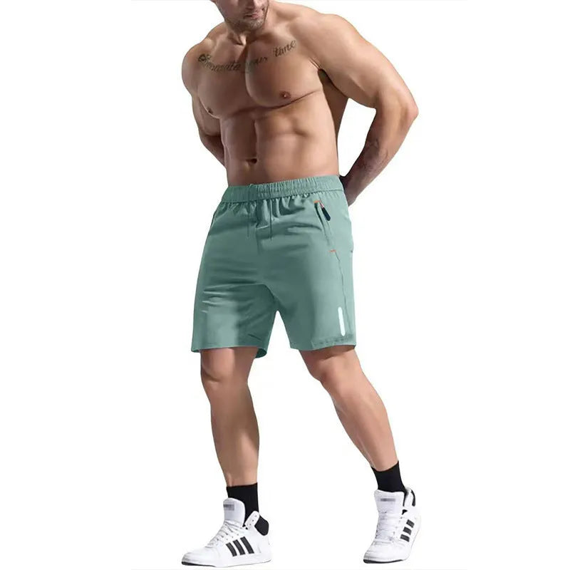 Men's grey bamboo blend sports shorts with an elastic high waist and drawstring detail.