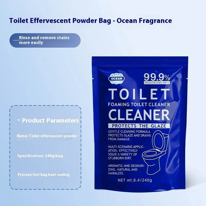 Toilet bubble powder in pink floral and blue ocean fragrance, showing 240g bag and box of five 40g sachets.