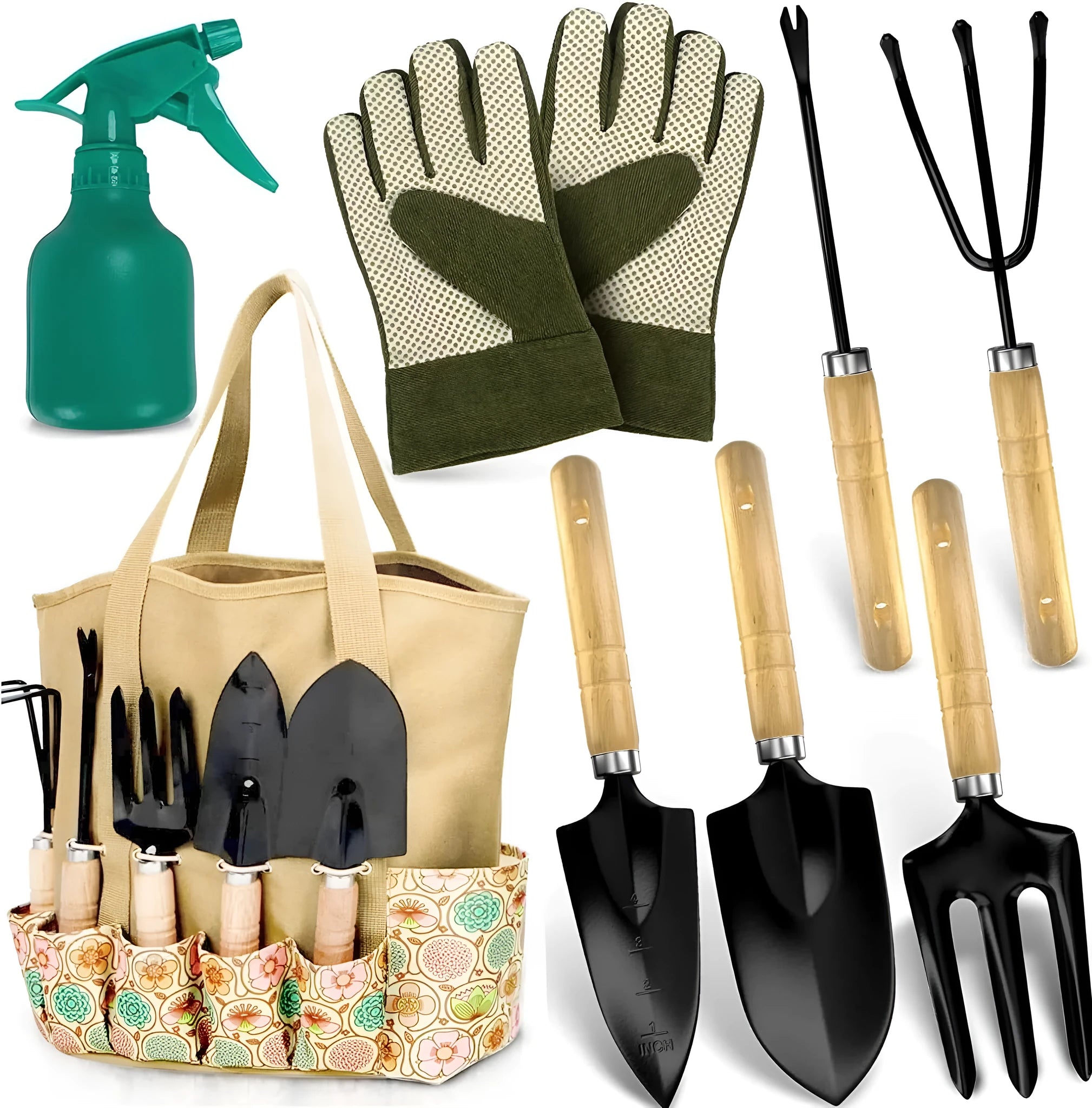 Stainless steel gardening tool set with eight pieces including trowel and cultivator