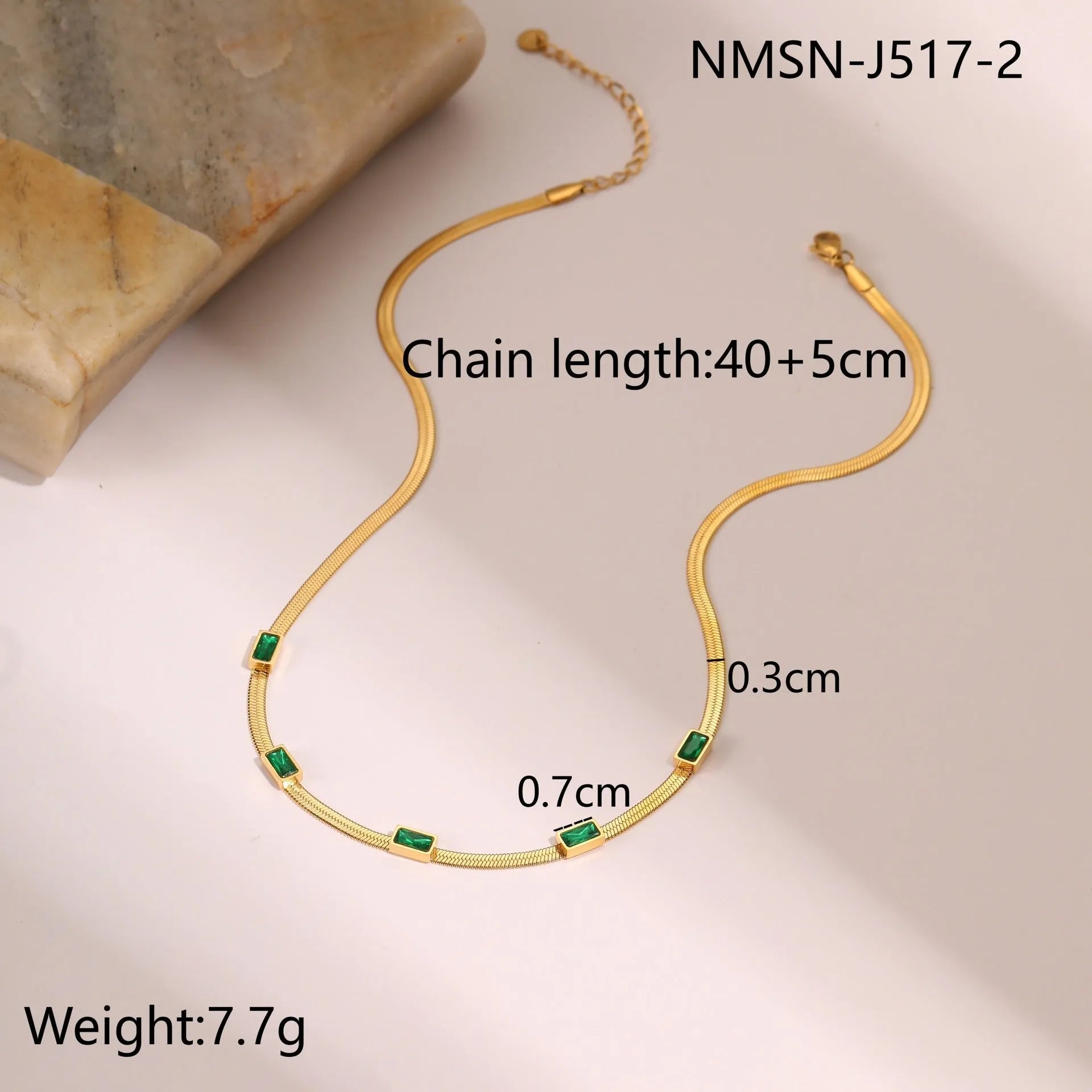 Geometric square zircon necklace with flat snake chain in gold colour finish