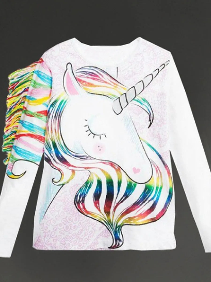 White children's T-shirt with stereo horse hair print, long sleeve round neck cotton top