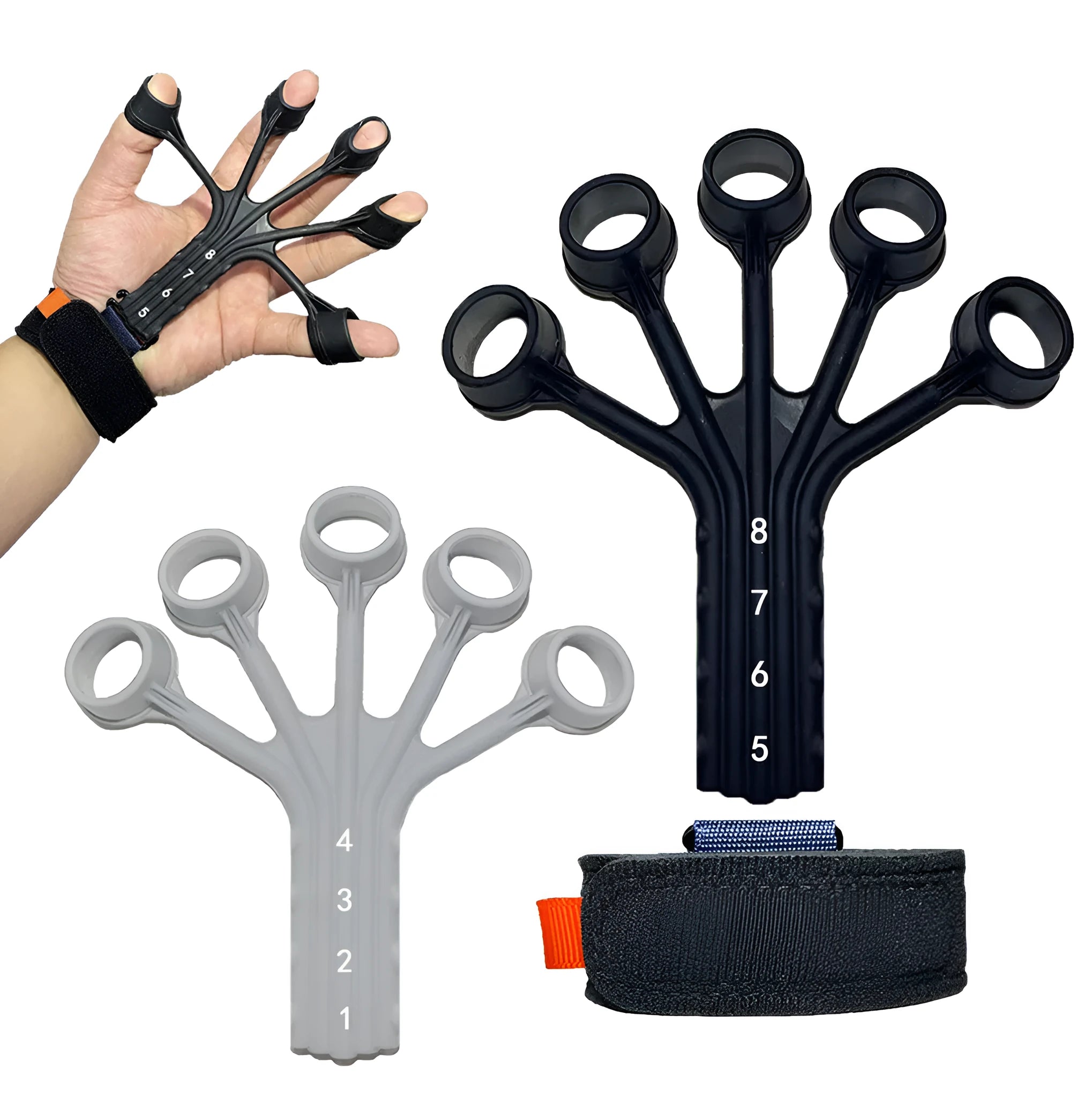 Black and grey silicone finger flexion and extension trainer with adjusting belt for hand rehabilitation.