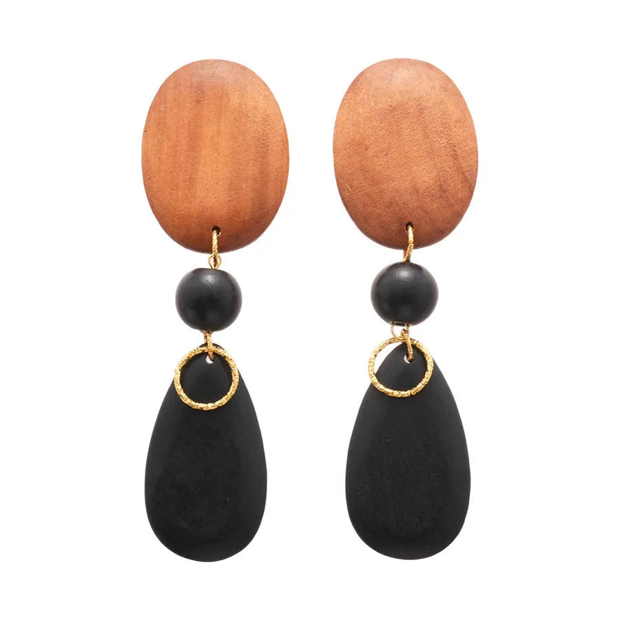 Handmade wooden retro earrings with ellipse design in silver needle-brown-black colours