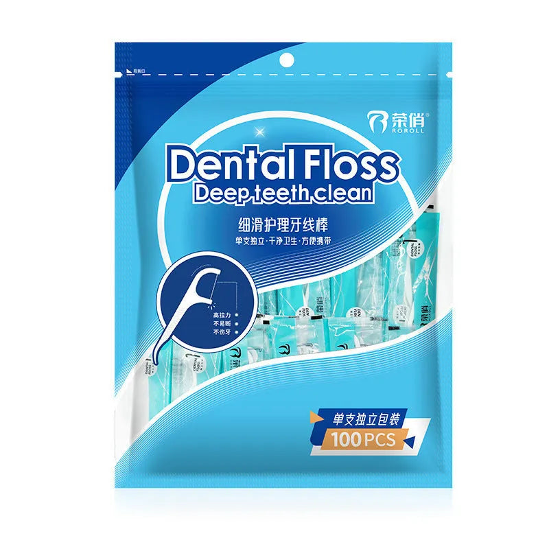Dental floss with individual packaging showing 100 piece and 108 piece options in plastic material