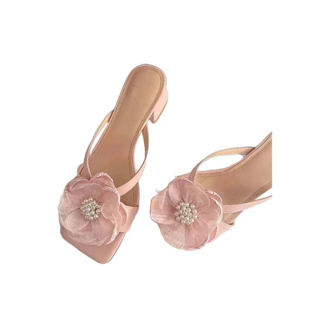 Korean-style women's sandals with chunky heel, square toe, satin upper with floral details in cream-white colour