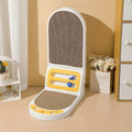 Grey L-shaped vertical cat scratching board made of corrugated cardboard on a wooden floor.