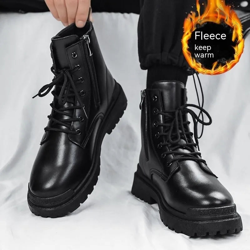 Men's black mid-top British leather style boots with waterproof uppers and rubber soles