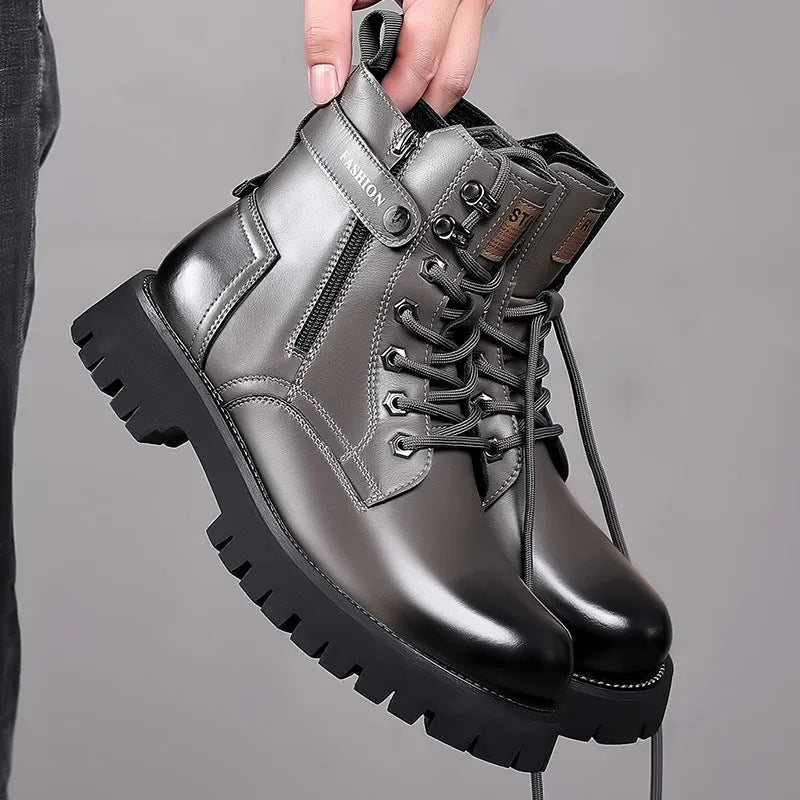 Men's leather Martin boots with thick rubber soles and side zipper closure