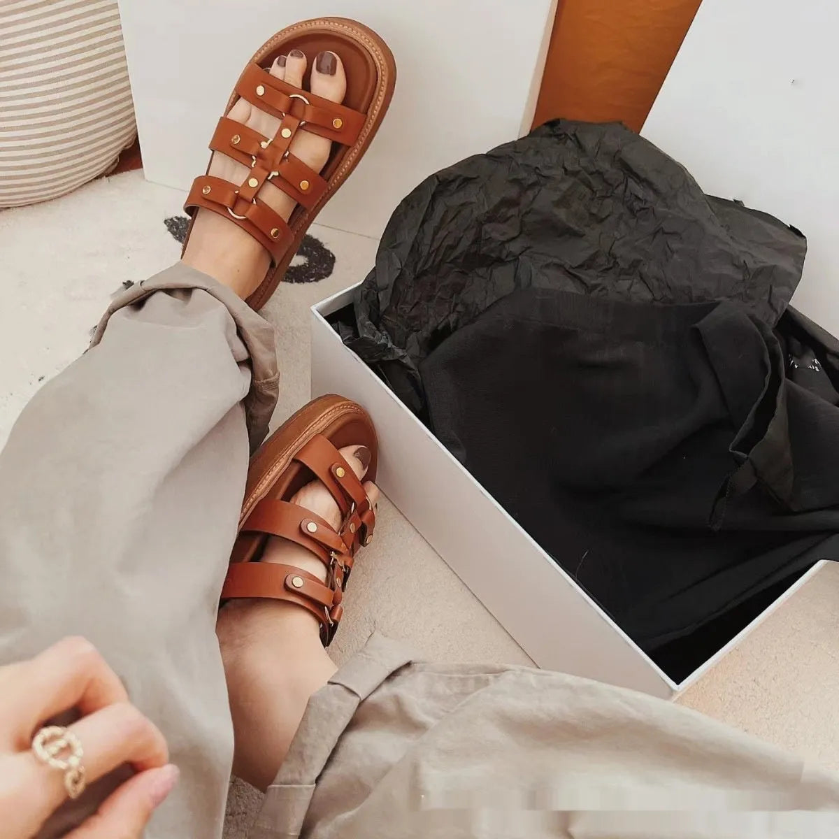 Women's patent leather Roman sandal slippers with sheepskin upper in white, black, or brown colours