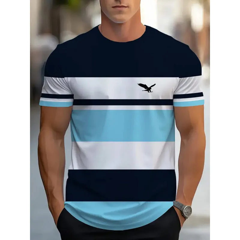 Men's loose fit short sleeve T-shirt with digital 3D printed stripe pattern in polyester fabric