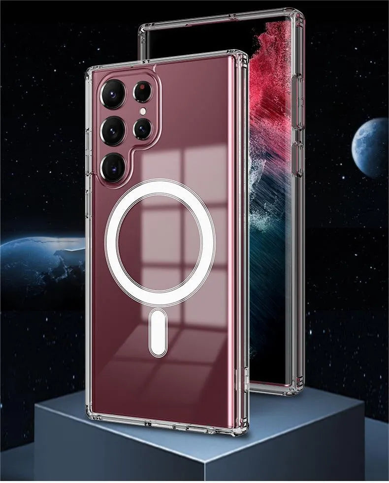 Transparent MagSafe magnetic phone case for Samsung Galaxy S21 S22 S23 series with visible magnetic ring