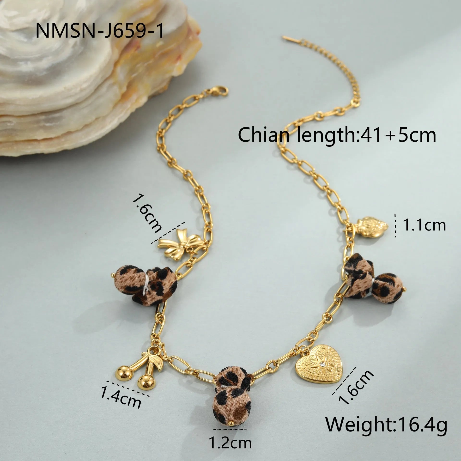 Stainless steel necklace with leopard heart and flower pendant, 18K gold plated, adjustable 41-50cm chain for women.