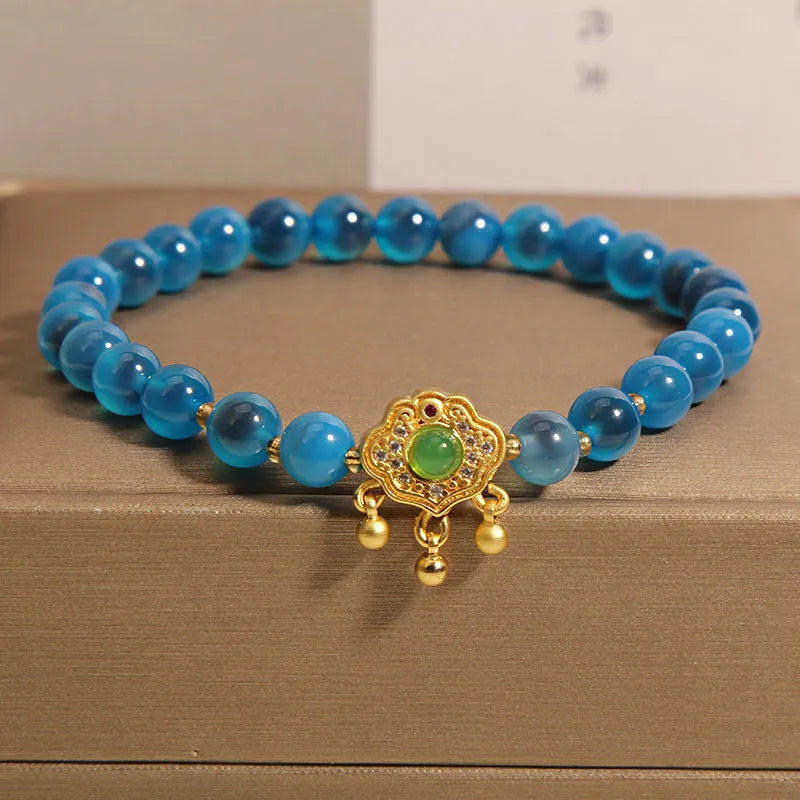 Blue sugar heart agate jade safety lock pendant women's bracelet with rhinestone alloy inlay crystal construction