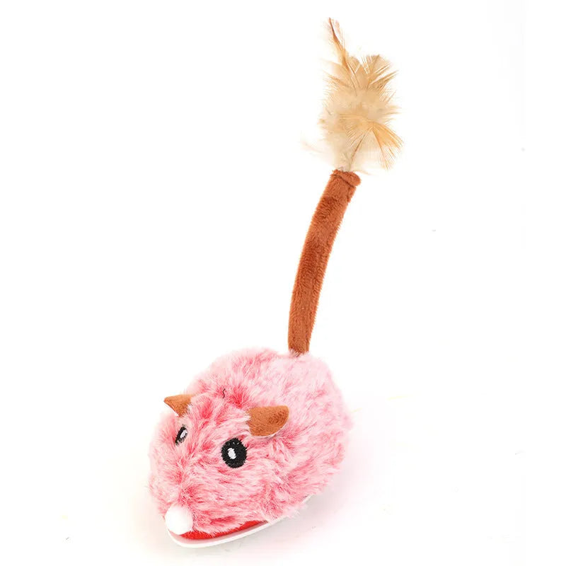 Electric moving cat toy with plush mouse on charging pole in dark grey, pink or purple colour