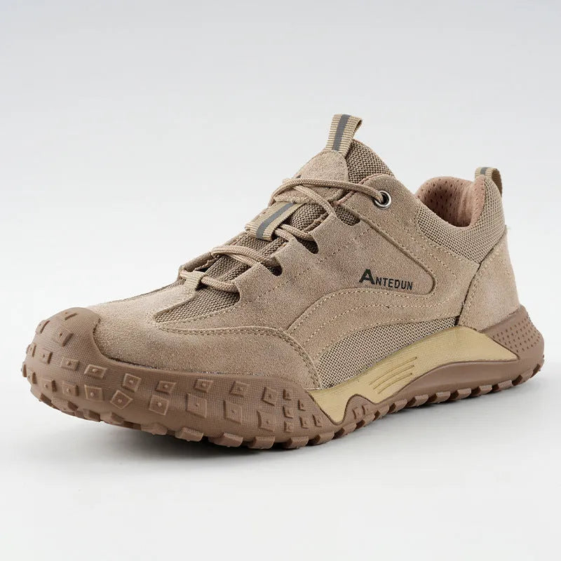 Men's khaki suede canvas safety shoes with plastic steel toe cap and rubber sole