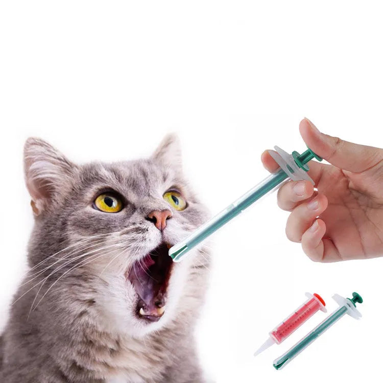Two pet pill shooters with soft silicone tips for administering tablets to cats and dogs.